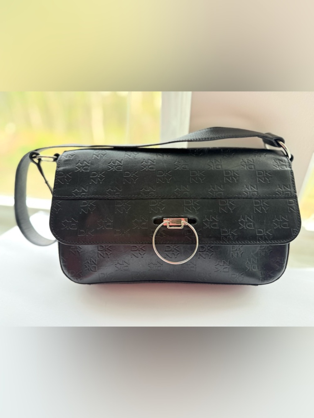 Vintage DKNY Black Genuine Leather Embossed Shoulder Bag Purse Purple Lining